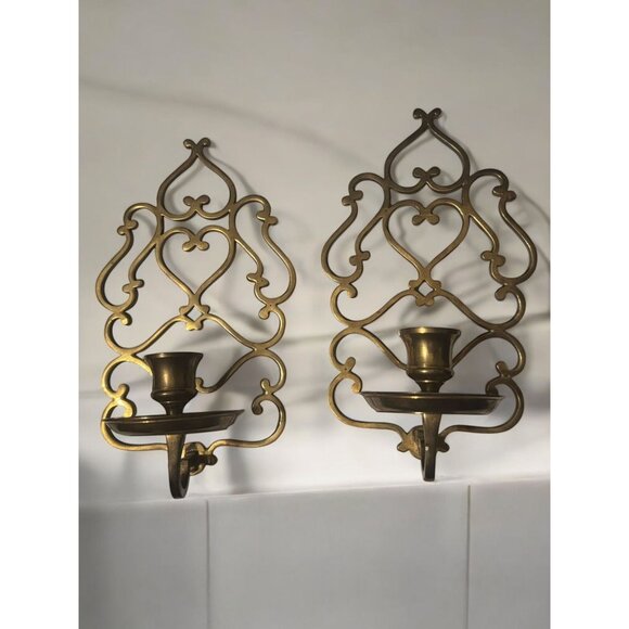 Pair Of Vintage Brass Wall-Mounted Candle Holders With Ornate Heart Designs - Picture 2 of 6